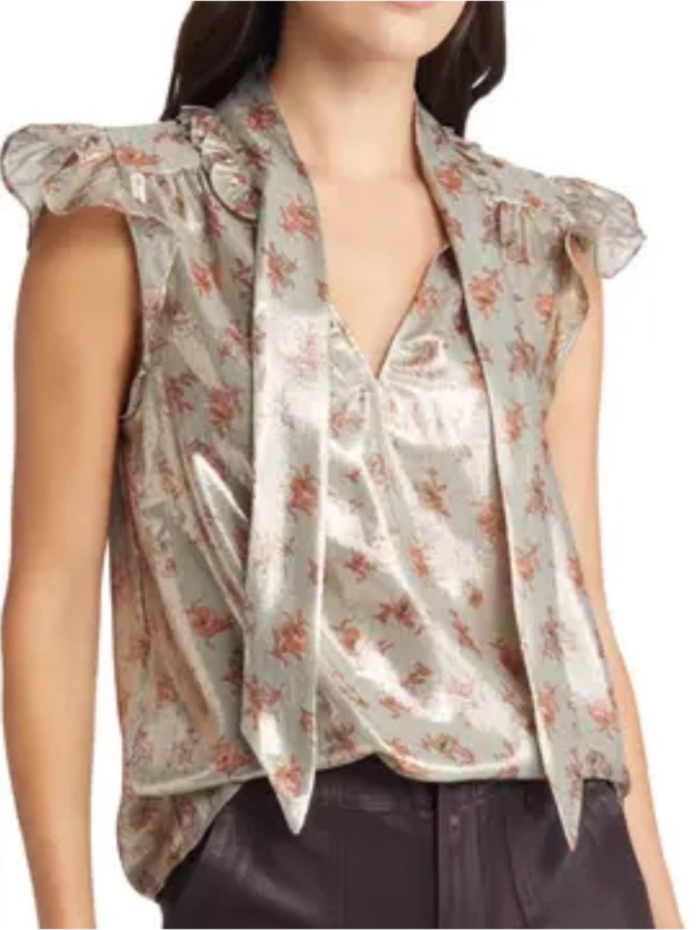 PAIGE GOLD METALLIC SHIMMERY BETTE BLOUSE BROWN FLORAL PRINT WOMENS SZ LARGE